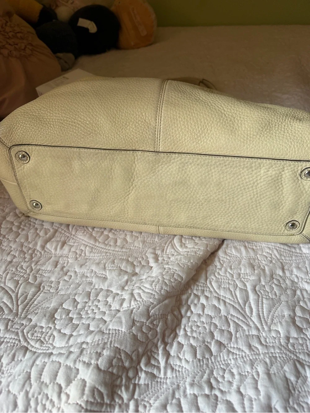 Cream Leather Tote Bag with Pink Interior